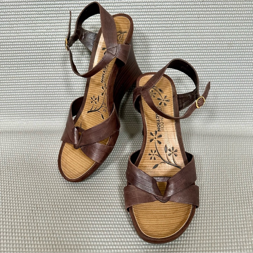 Kenneth Cole Reaction Brown Leather and Wooden Wedge Sandals Women’s Size 10